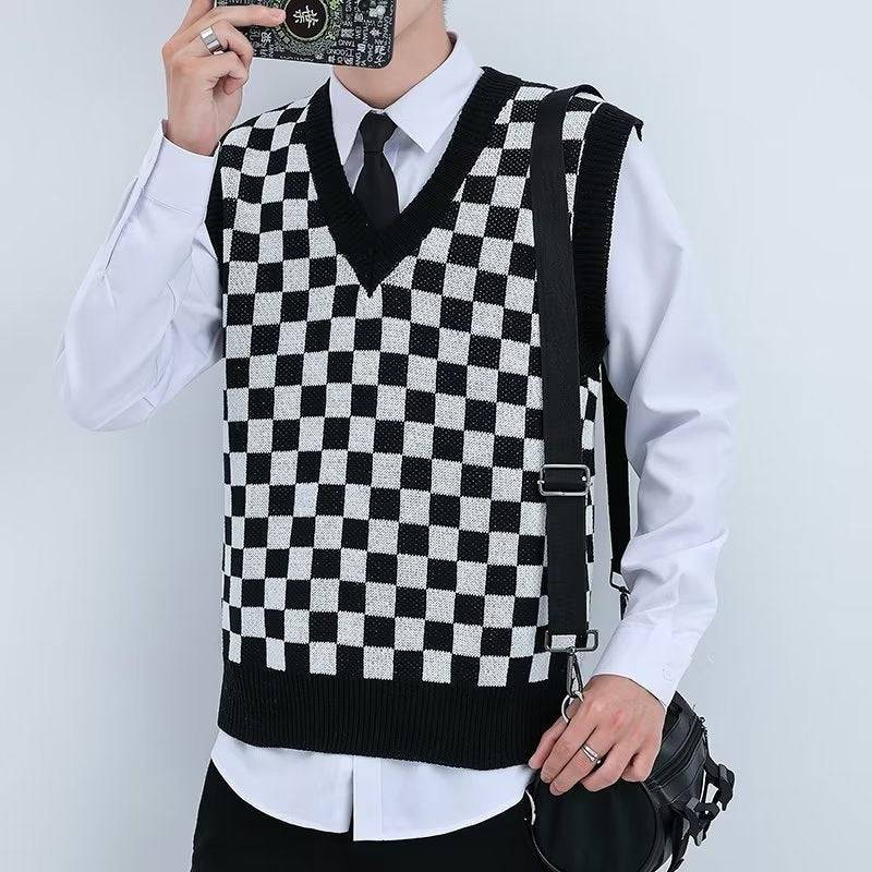 V-neck Knitted Boys' Checkered Sweater Vest