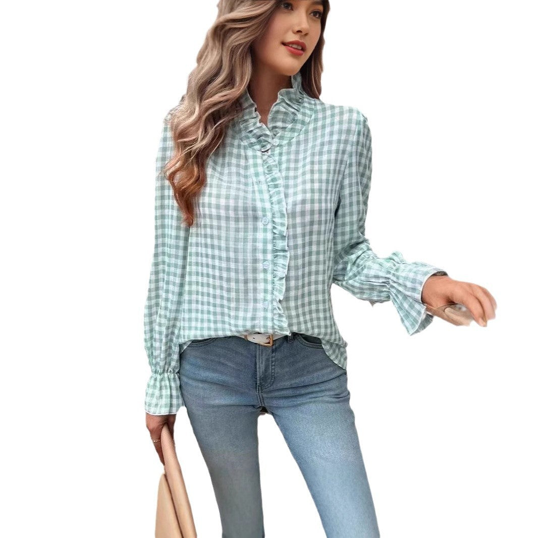 Women's French-style Plaid Shirt With Wooden Ears - YLORESHOP