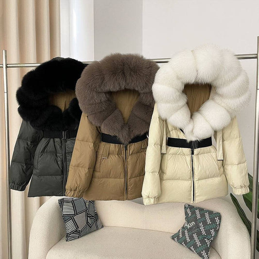 Oversized Real Fox Fur Collar Hooded White Duck Down Jacket - YLORESHOP