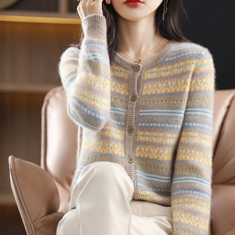 Women's Knitted Cardigan Mixed Color Stripe Contrast Color Jacquard Soft Glutinous Sweater Coat - YLORESHOP