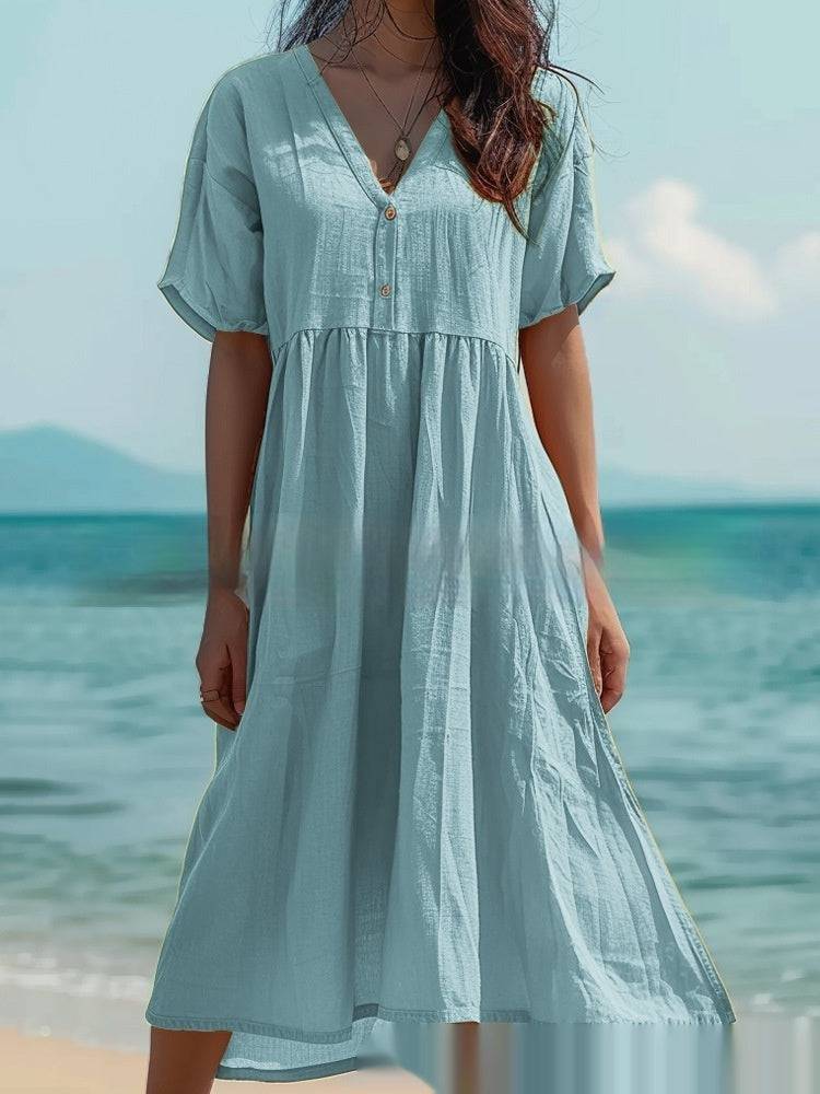 Women's Short-sleeved Cotton And Linen Swing Dress - YLORESHOP