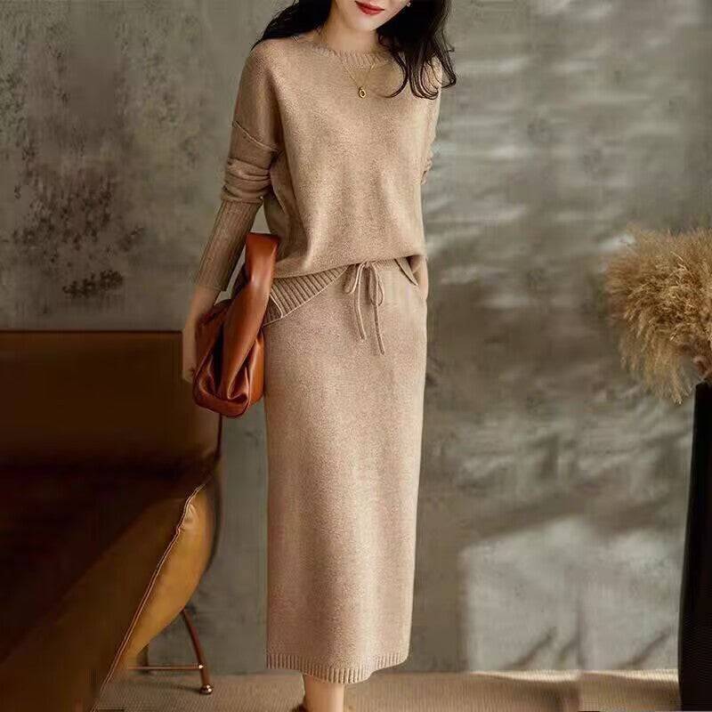 Drawstring High Waist Pure Color Wool Knitted Dress Two-piece Set - YLORESHOP