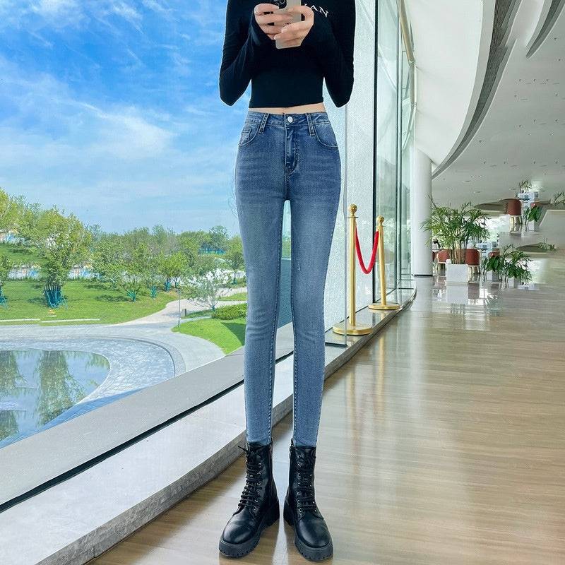 Dark Blue Jeans Women's High Waist Spring Stretch Slimming Skinny Close-fitting Fleece - YLORESHOP