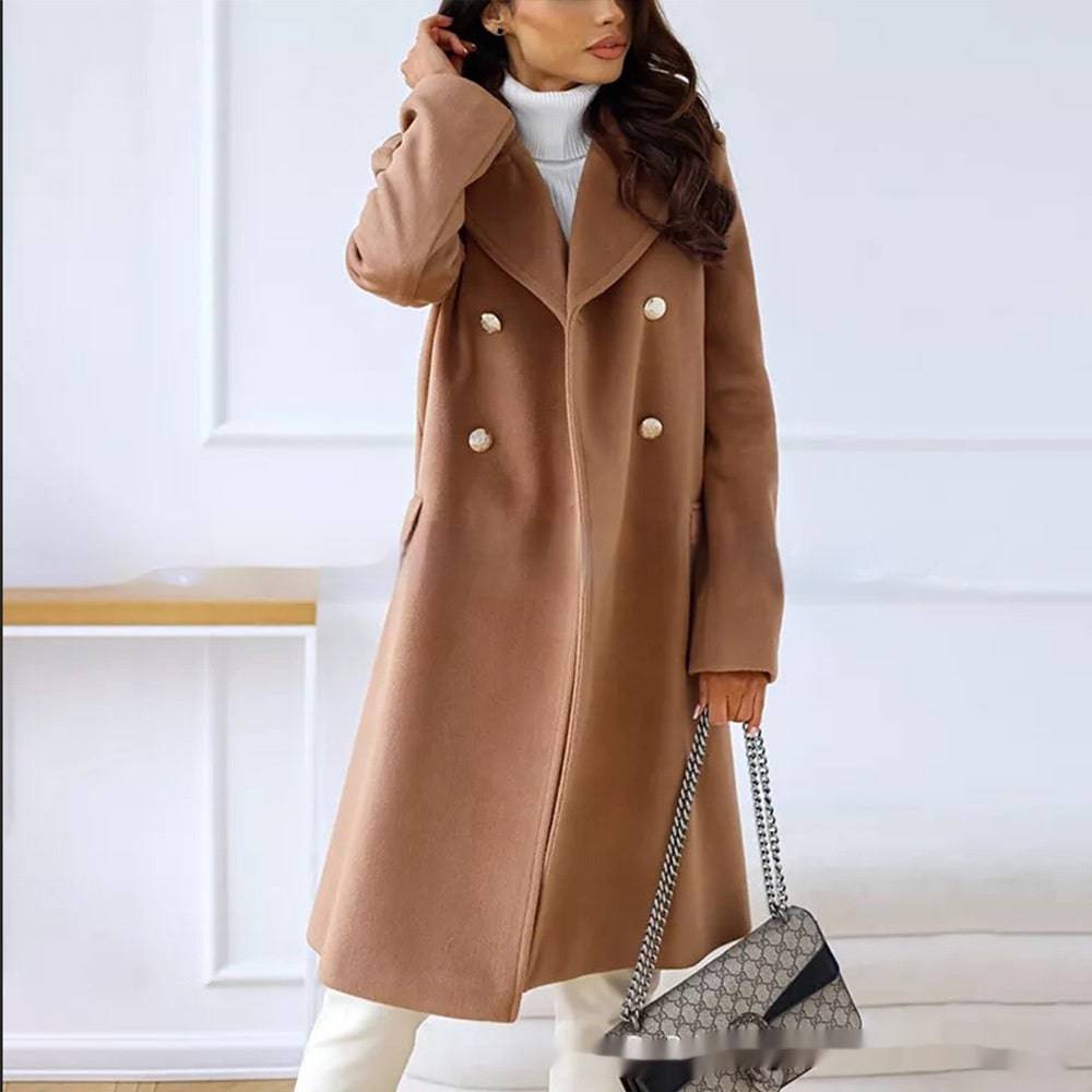 Simple Double Breasted Woolen Coat For Women - YLORESHOP