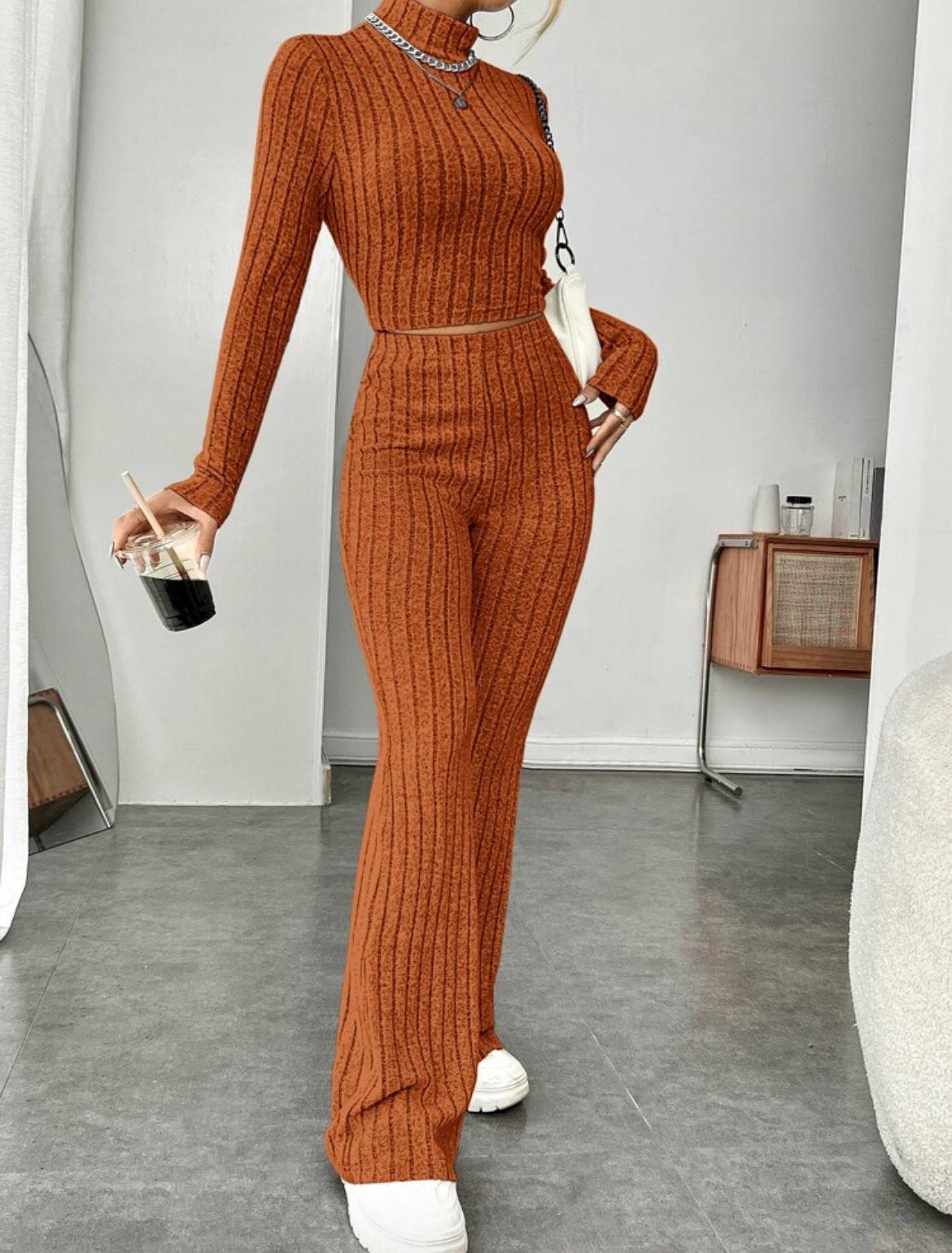 Long Sleeve Turtlenecks Wide Leg High Waist Trousers Suit - YLORESHOP