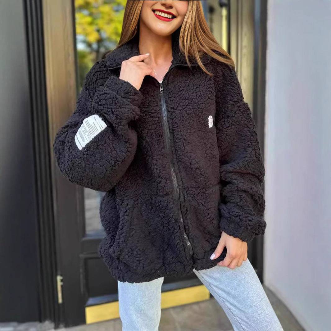 Winter Zipper Jacket Fashion Lapel Plush Cardigan Coat With Pockets Women's Clothing - YLORESHOP