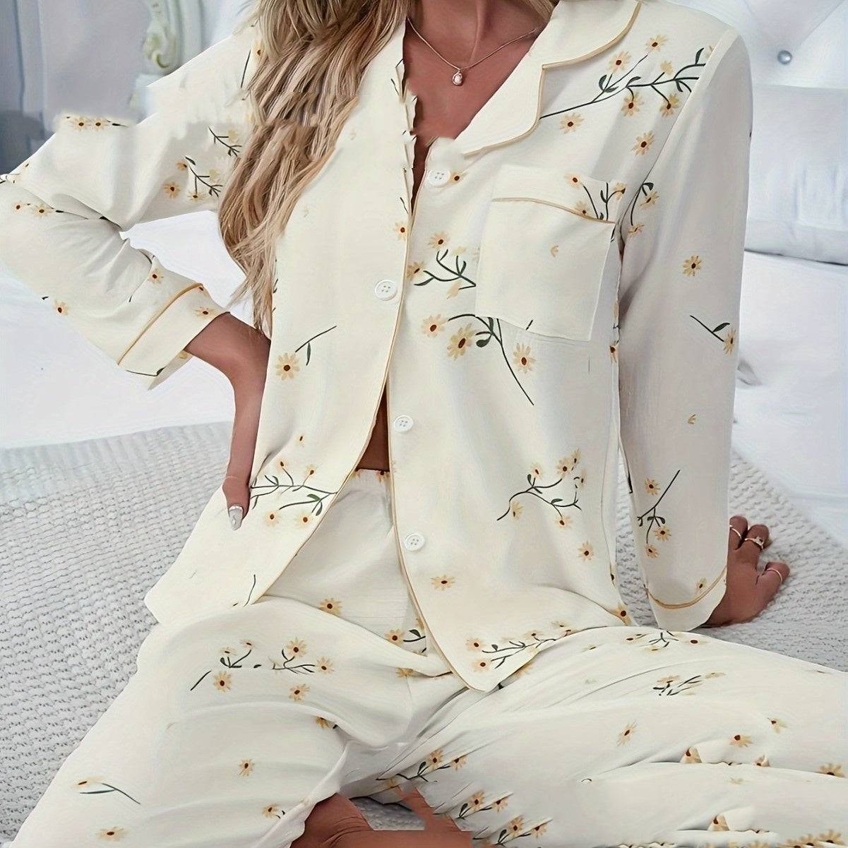 Spring And Autumn Home Lapel Button Leaf Printed Pajamas Two-piece Set