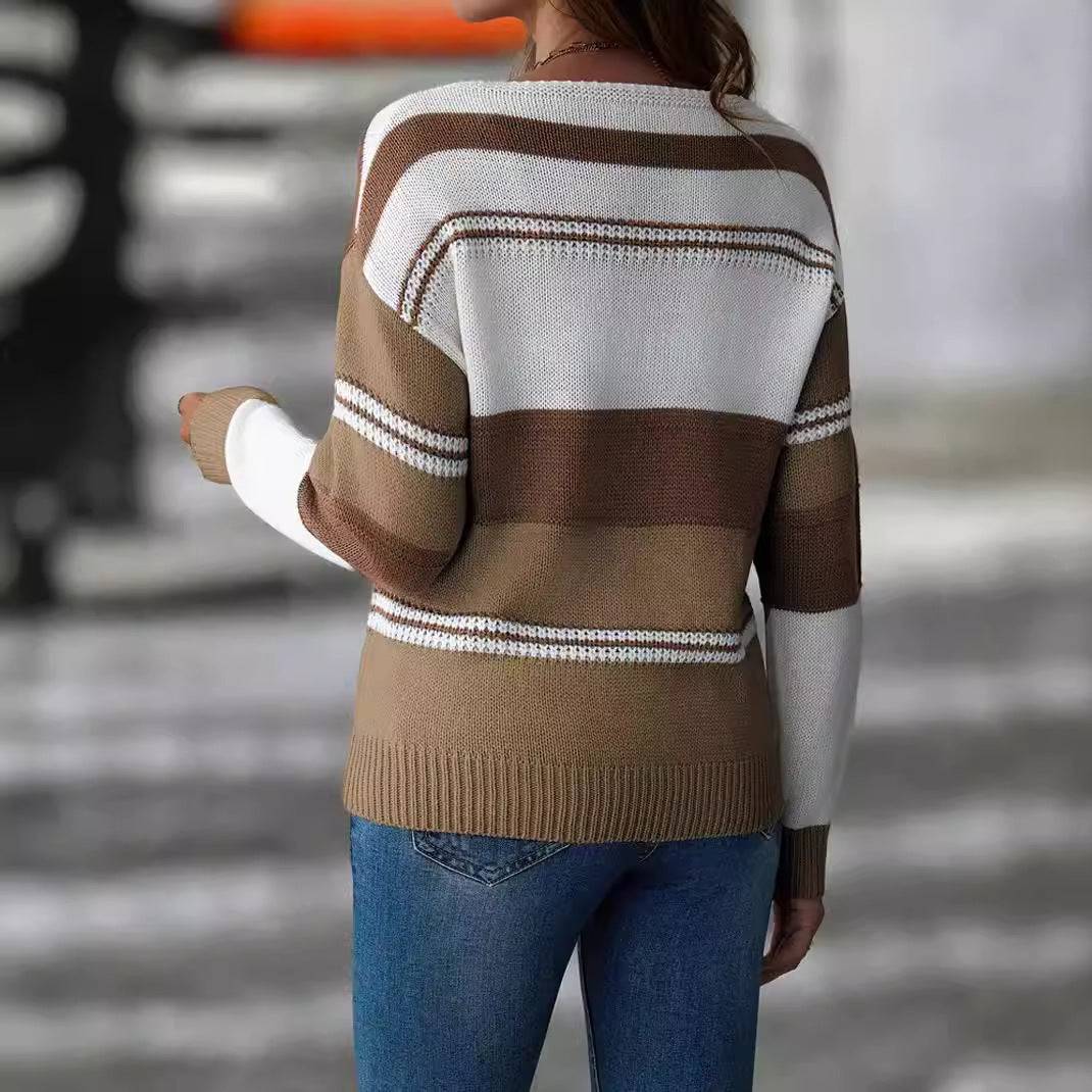 Maglione a maniche lunghe pullover a righe color block con scollo a V ampio