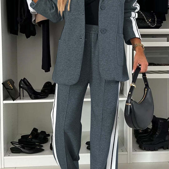 Women's casual suit with single-breasted jacket and straight-leg striped trousers - YLORESHOP