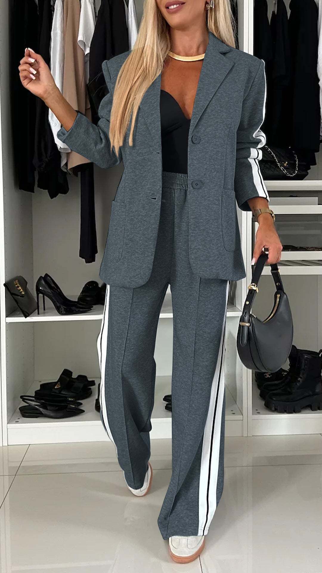 Women's casual suit with single-breasted jacket and straight-leg striped trousers - YLORESHOP