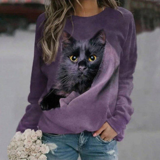 Cute Cat 3D Digital Printing Women's Round Neck Sweater - YLORESHOP