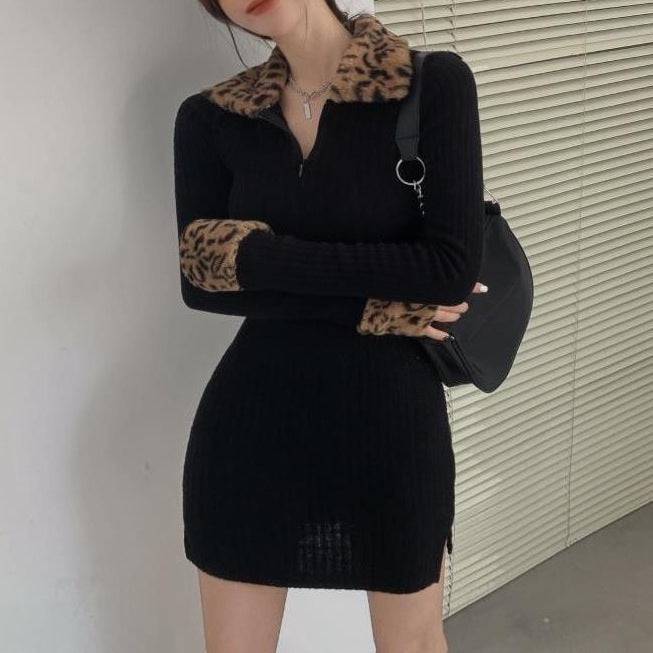 New Leopard Print Long Sleeve Padded Dress Women - YLORESHOP