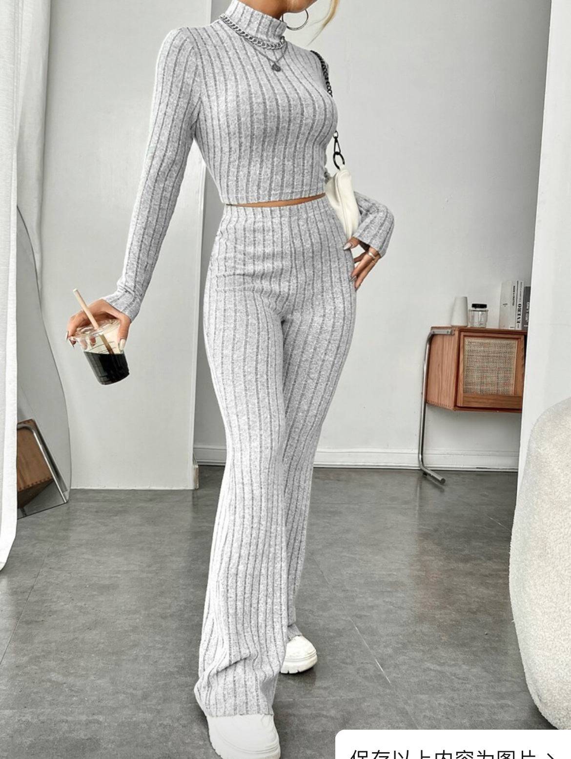 Long Sleeve Turtlenecks Wide Leg High Waist Trousers Suit - YLORESHOP