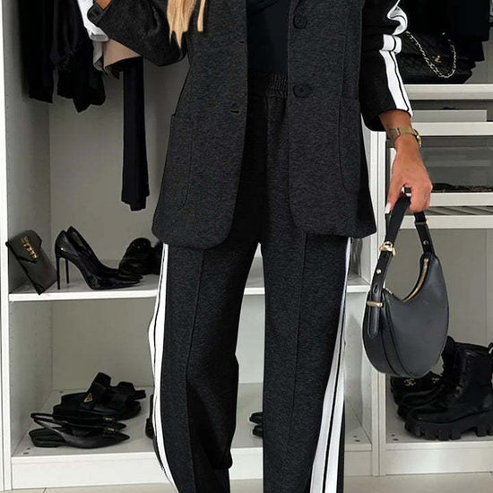 Women's casual suit with single-breasted jacket and straight-leg striped trousers - YLORESHOP