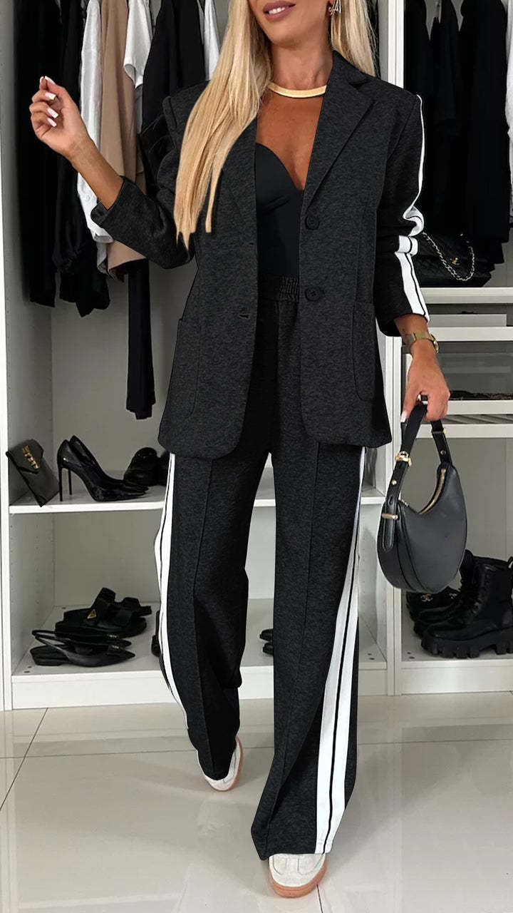 Women's casual suit with single-breasted jacket and straight-leg striped trousers - YLORESHOP