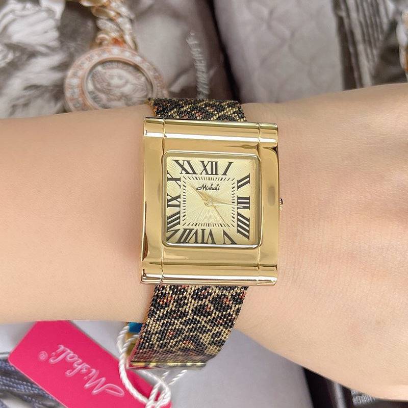 Orologio quadrato da donna con cintura in acciaio con stampa leopardata