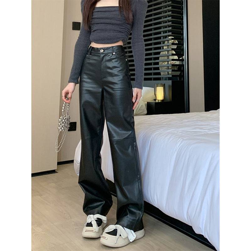 Hong Kong Style High Waist Slimming Sense Of Design Leather Trousers - YLORESHOP