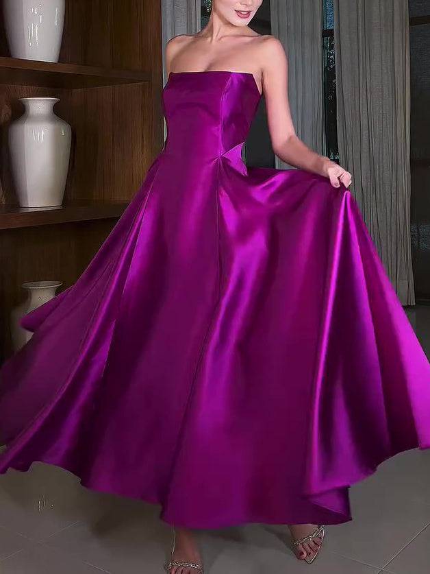 Satin Tube Top Full Skirt Dress - YLORESHOP