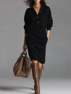 Fashionable, warm, high-neck, V-neck, button-up, casual, long-sleeved winter dress. - YLORESHOP