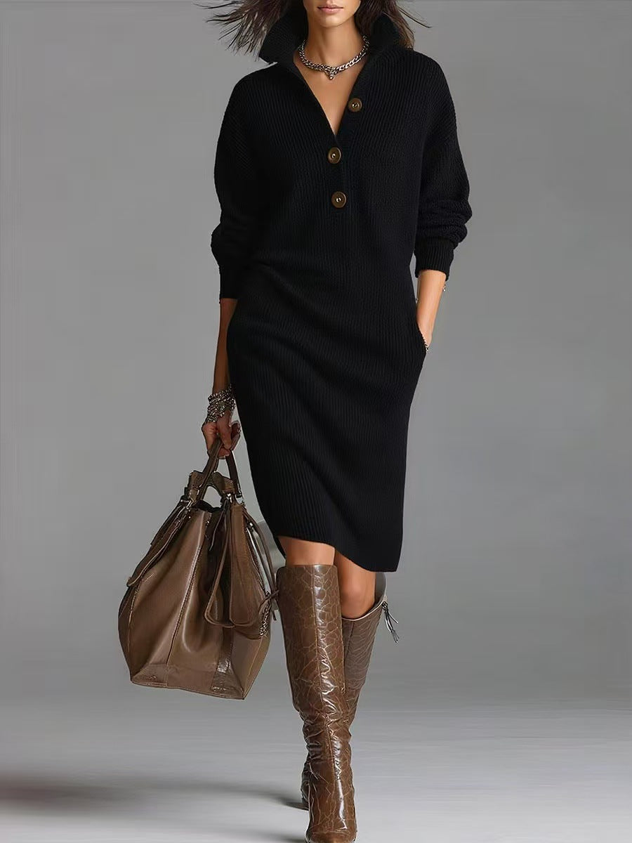 Fashionable, warm, high-neck, V-neck, button-up, casual, long-sleeved winter dress. - YLORESHOP