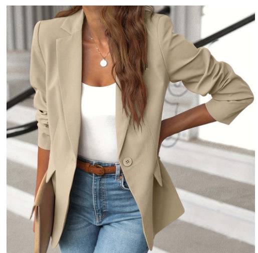 Polyester Autumn Long Sleeve Solid Color Cardigan Small Suit Jacket For Women - YLORESHOP