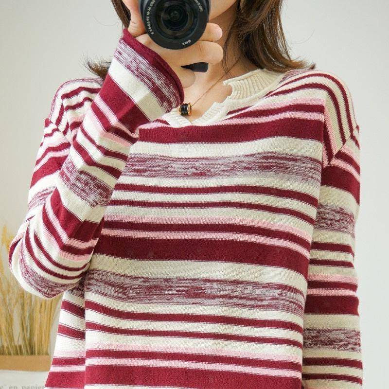 Striped V-neck Knitted Top Thin Plus Size Inner Bottoming Shirt - YLORESHOP