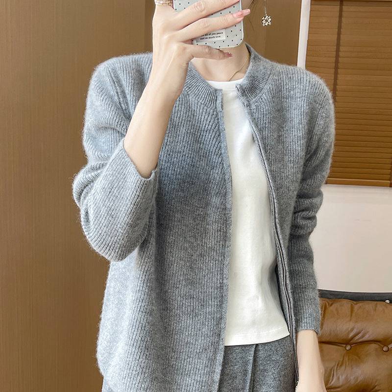 Round Neck Knitted Cardigan Long Sleeve Women's Oblique Zipper Slim Jacket - YLORESHOP