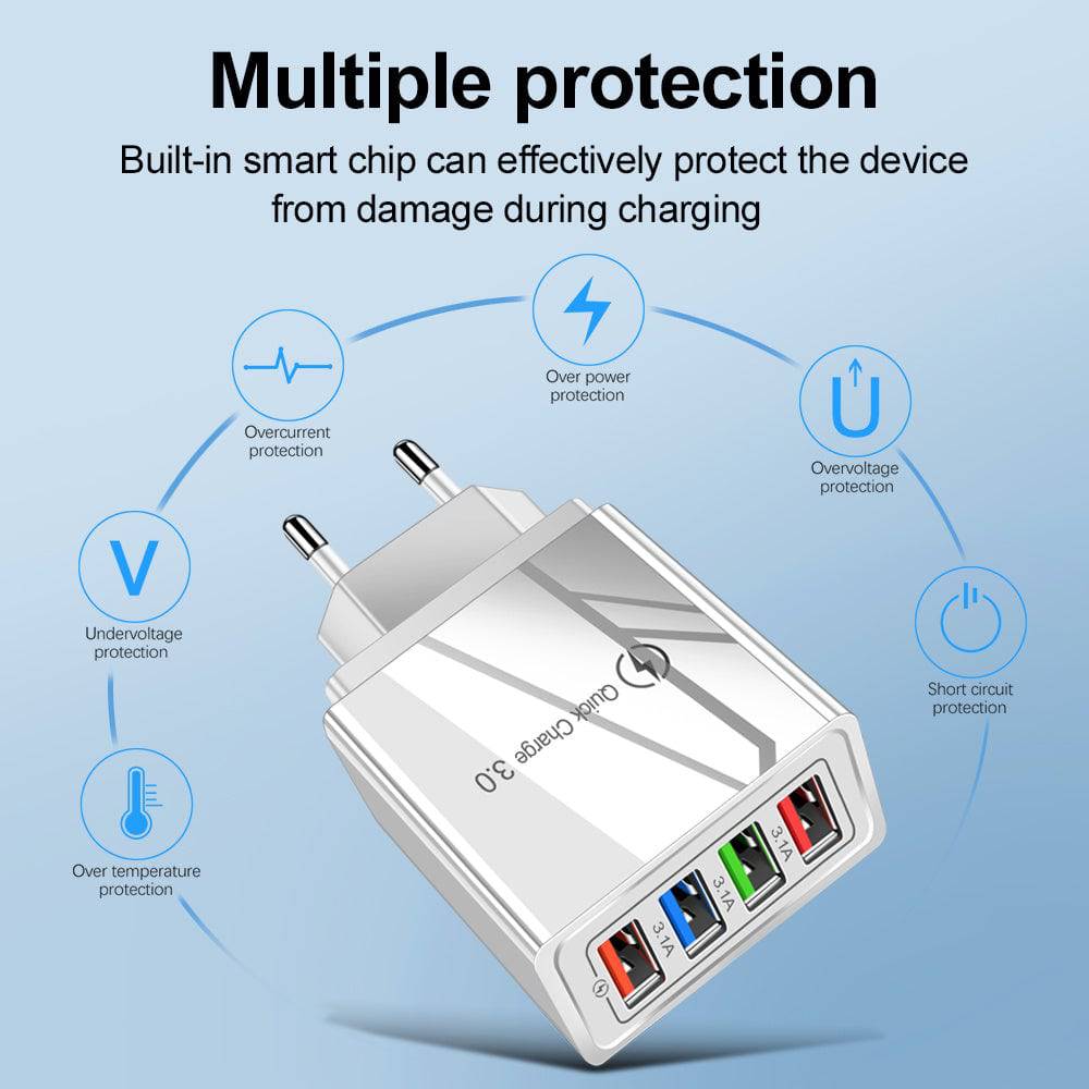 Caricatore USB Quick Charge 3.0 4 Adattatore telefonico per tablet Caricabatterie mobile da parete portatile Caricatore rapido