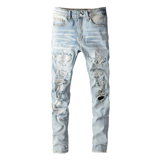 Pantaloni casual in denim strappato da uomo leggermente elastici