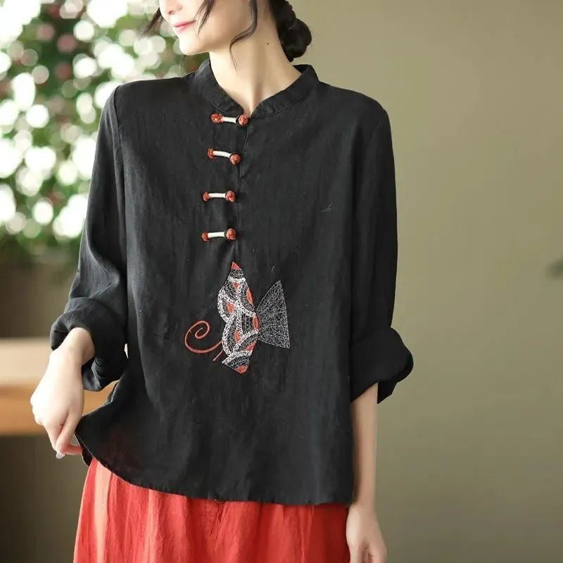 Ethnic Style Plus Size Cotton And Linen Shirt For Women - YLORESHOP