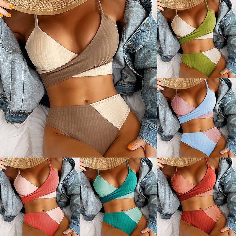 Bikini Patchwork Swimwear Ribbed Women's Swimsuit Knot Back Beachwear Ruched Butt Biquinis Bathing Suits - YLORESHOP