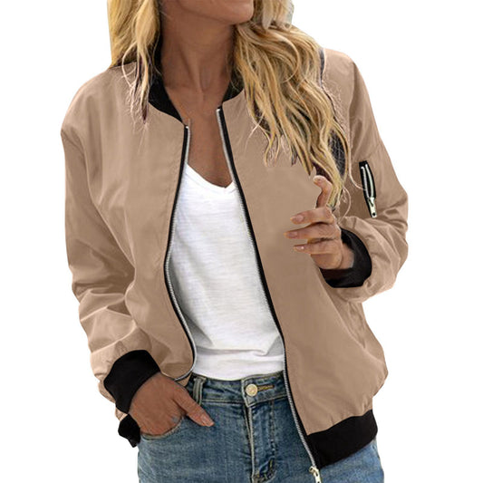 Giacca bomber vintage da donna, tinta unita, con cerniera, girocollo, casual, autunnale, elegante, da ragazza, da baseball