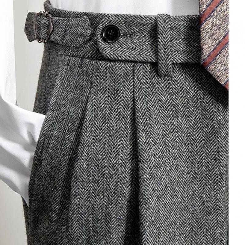 Pantaloni slim fit in tweed di lana a spina di pesce