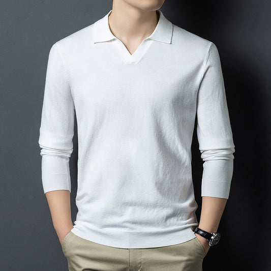 Polo da uomo a maniche lunghe in maglia anti-pilling con colletto a gabbiano, autunno e primavera