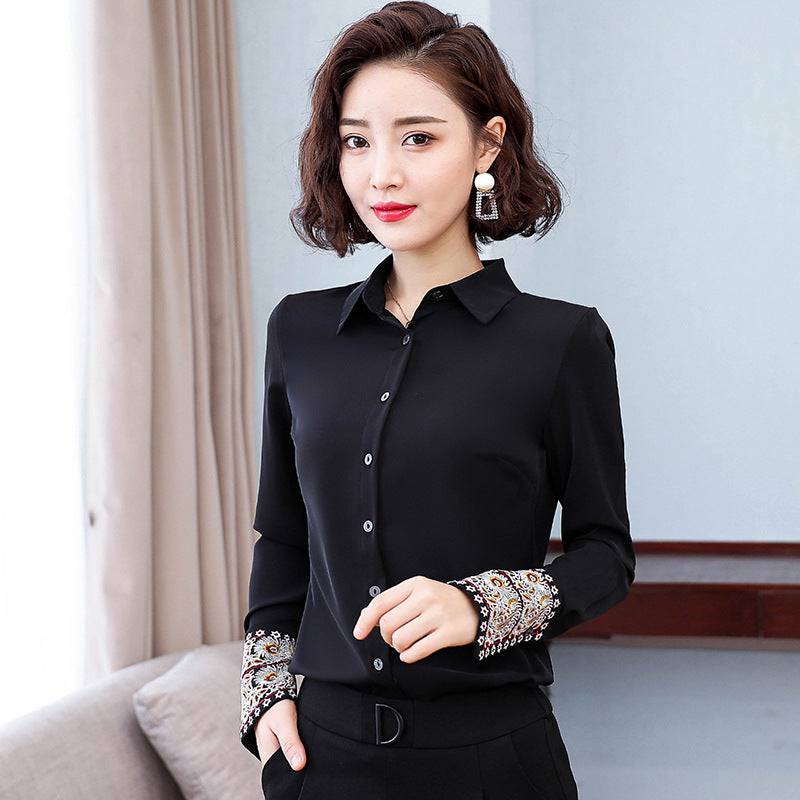 Spring And Autumn Lapel Long Sleeve White Shirt Women's Design Chinese Style Embroidery Chiffon Top