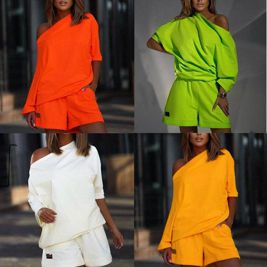 Women's Fashion Sweater Pants Suit Off-neck Off-shoulder Loose Two-piece Set - YLORESHOP