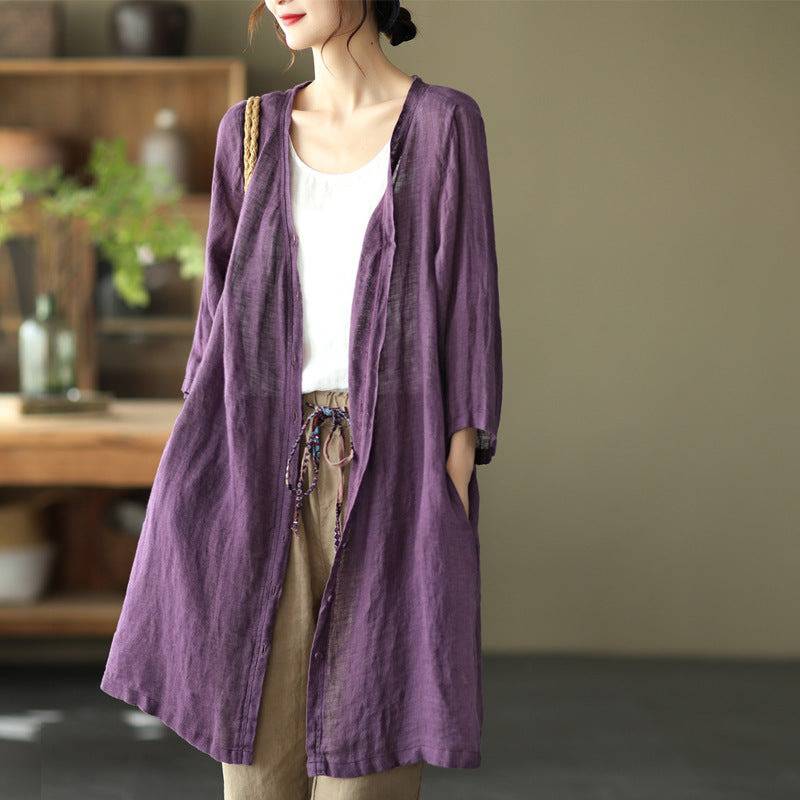 Artistic Plus Size Loose Mid-length Cotton And Linen Shirt Solid Color - YLORESHOP