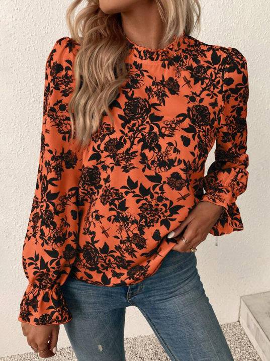 Camicia da donna stampata francese ampia ed elegante abbinata