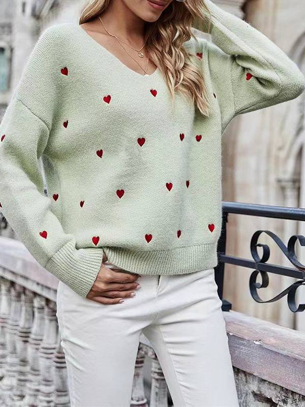 Maglione pullover a maniche lunghe da donna Top in maglia jacquard a forma di cuore tinta unita