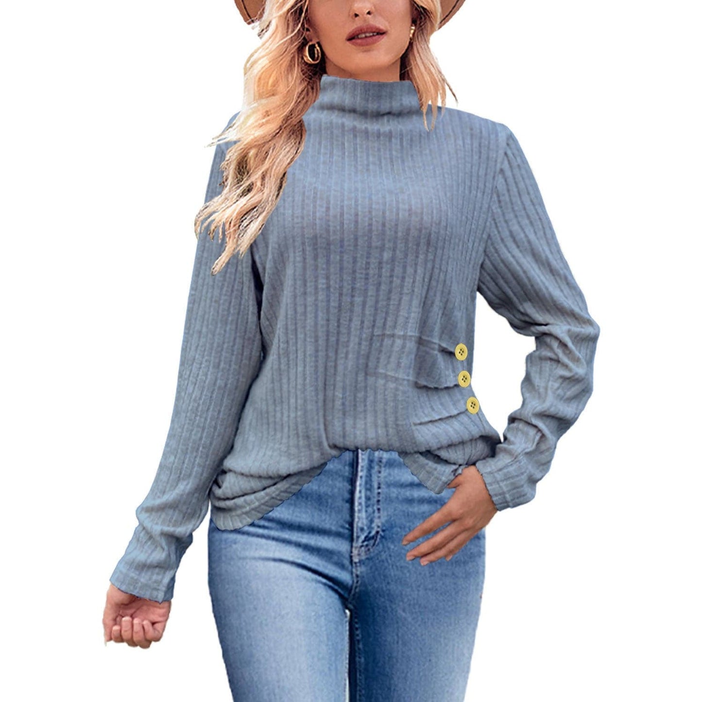 European And American Brushed Sunken Stripe Knitted Turtleneck Side Button Women's Top - YLORESHOP