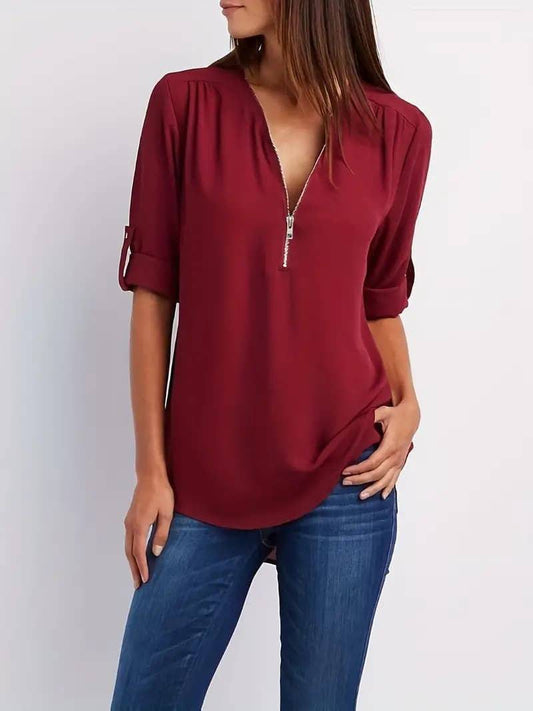 Simple V-neck Shirt, Casual Pleated Half-zip Shirt With Rolled-up Sleeves - YLORESHOP