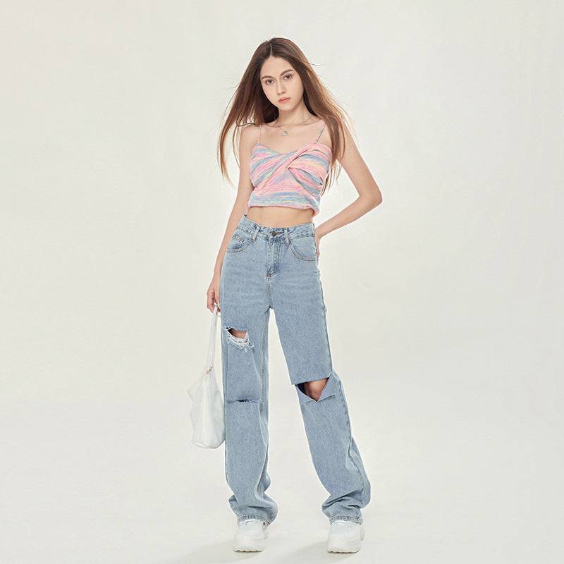 Women's High Waist Light Blue Ripped Wide-legged Jeans - YLORESHOP