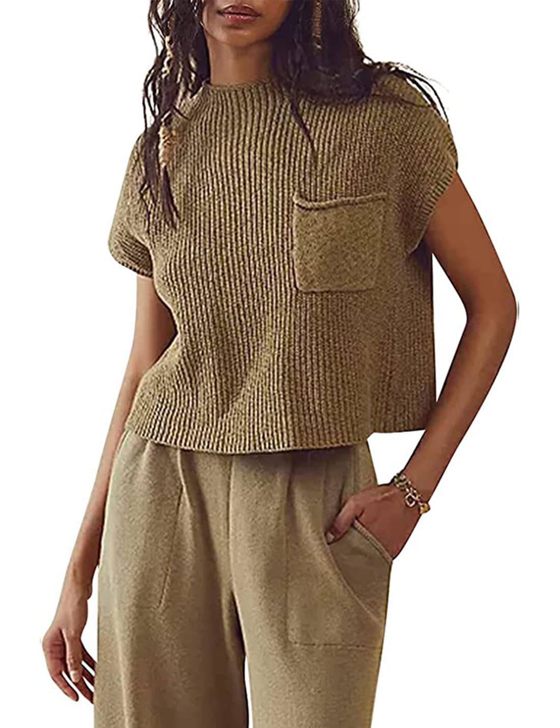 Women's Knitted Sleeveless Pocket Casual Rib Pullover Vest - YLORESHOP