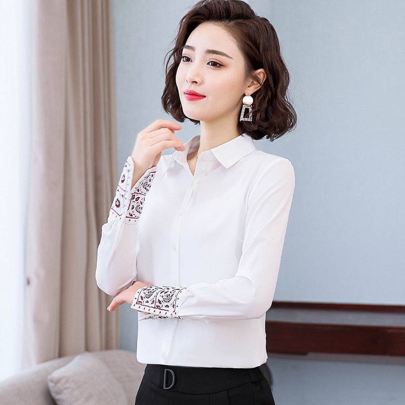 Spring And Autumn Lapel Long Sleeve White Shirt Women's Design Chinese Style Embroidery Chiffon Top