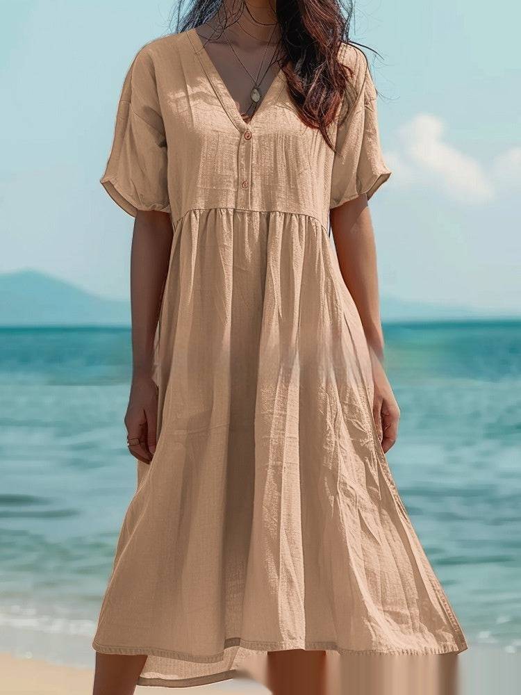 Women's Short-sleeved Cotton And Linen Swing Dress - YLORESHOP