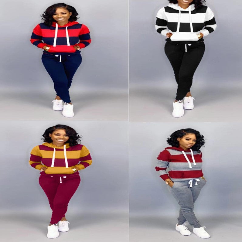 Women's Clothing Sweater Stitching Hooded Casual Sports Suit - YLORESHOP