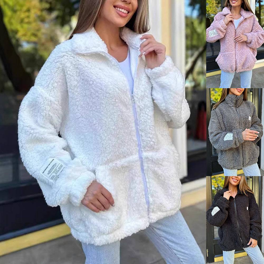 Winter Zipper Jacket Fashion Lapel Plush Cardigan Coat With Pockets Women's Clothing - YLORESHOP