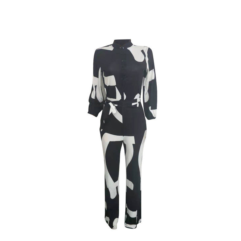 European And American Women's Clothing Elegant Cardigan Stitching Printing Jumpsuit - YLORESHOP