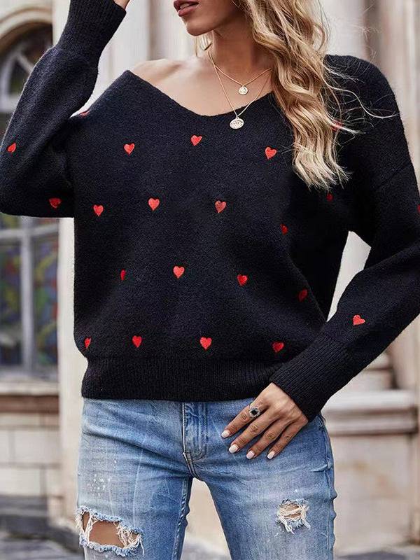 Maglione pullover a maniche lunghe da donna Top in maglia jacquard a forma di cuore tinta unita