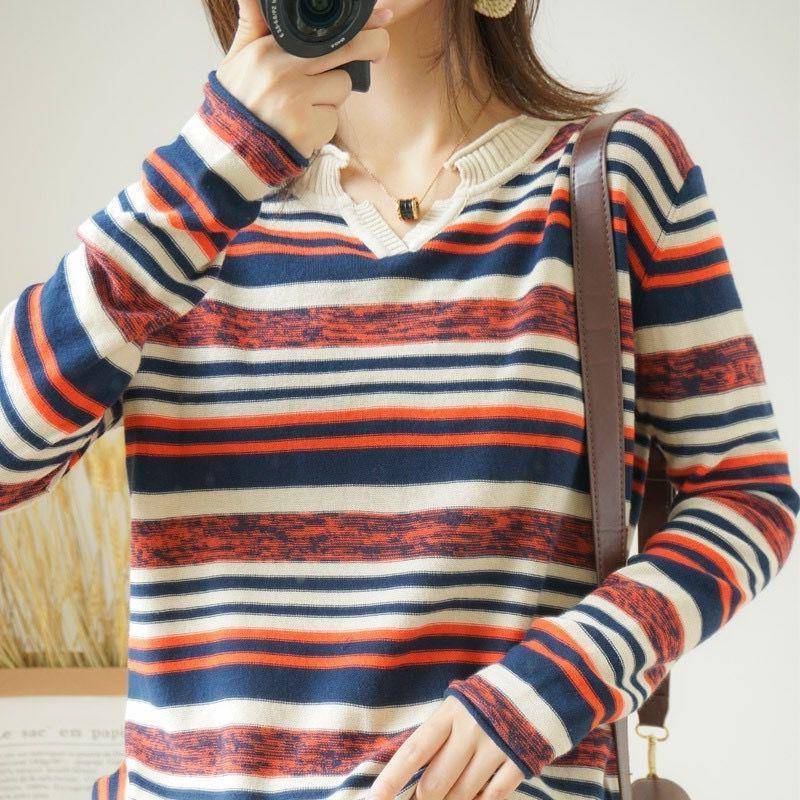 Striped V-neck Knitted Top Thin Plus Size Inner Bottoming Shirt - YLORESHOP